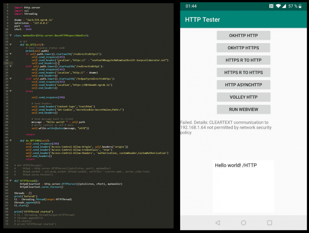 A Python HTTP server issuing redirects and setting headers, beside a test app on a device reporting that cleartext communication to the server is not permitted by network security policy
