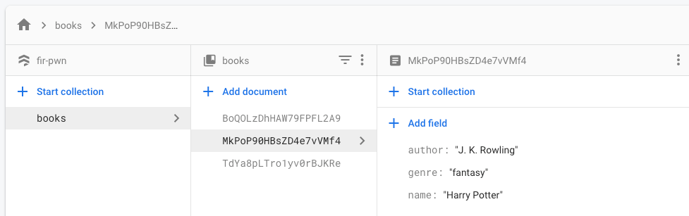 The Firestore console showing a books collection, with one document expanded to its author, genre and name fields