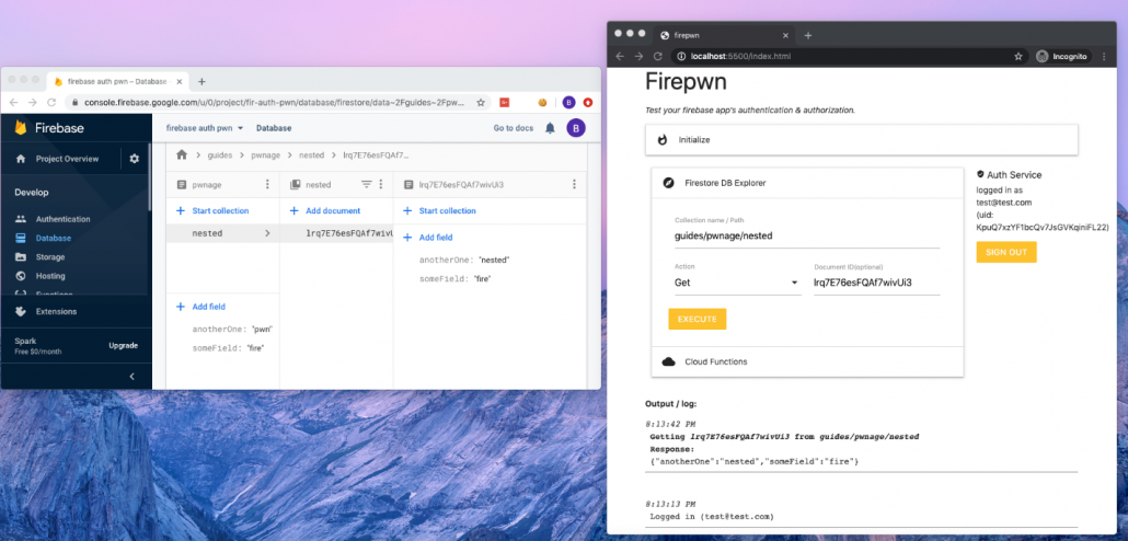 The Firepwn tool beside the Firebase console: a Firestore Get on guides/pwnage/nested returns the document's fields while signed in as a registered test user
