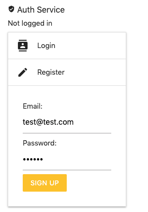 Firepwn's Auth Service panel while not logged in, with the register form filled in for a test email address