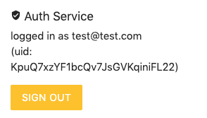 Firepwn's Auth Service panel after registering, logged in as the test user and showing the account's uid